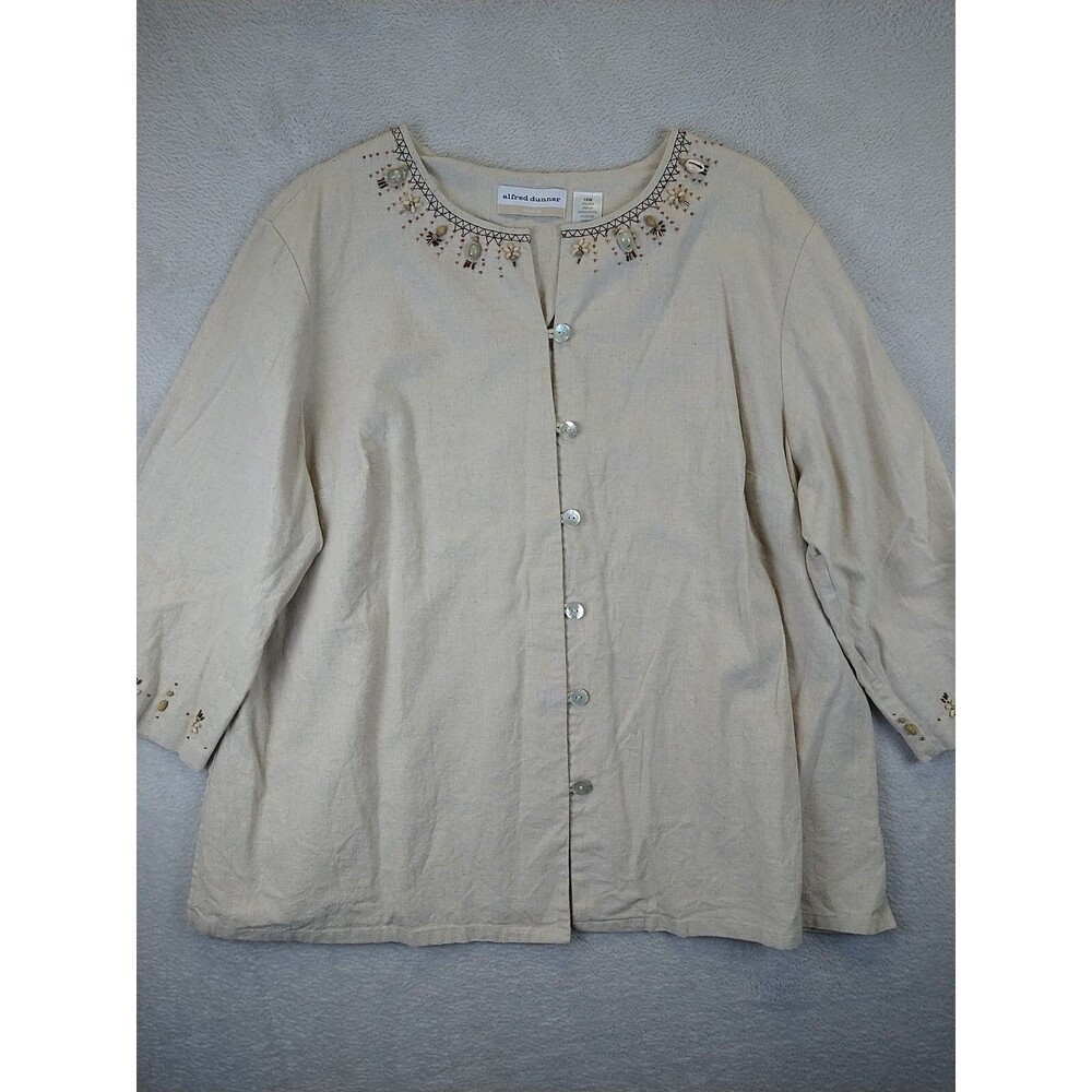 Alfred Dunner Jacket Blazer Women's 18W 3/4 Sleeve Beaded Linen Blend Beige
